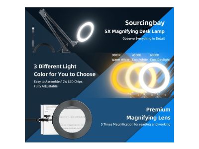 Intertek 4 inch Lens LED Swing Arm Table Lamp 5X Magnifier, 34 inch Length, Dimmable, 3 White Color Modes