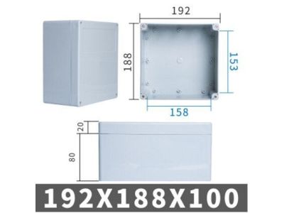 IP65 Weather Proof Sealed Chassis Box, Enclosure, with Lid. Polycarbonate ABS, Gray, 190x188x100mm