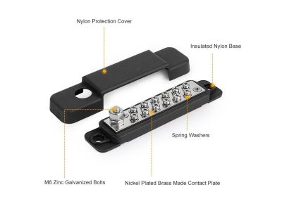 Black 12 Way Power Distribution Block, Terminal Studs, Buss Bar