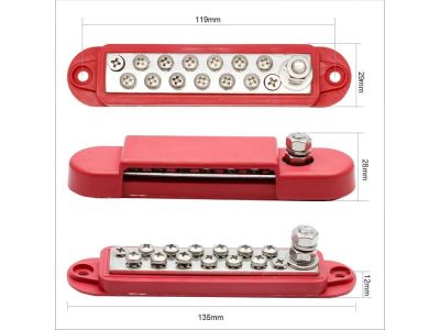 Red 12 Way Power Distribution Block, Terminal Studs, Buss Bar