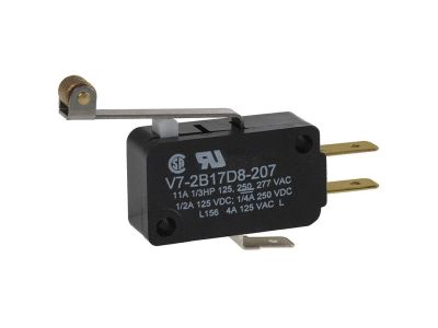 MICRO SWITCH, 11A 125V, (ON) - ON, Momentary(), SPDT, 3/16 inch QUICK SLIDE SPADE TERMINALS, ROLLER LEVER, V7-2B17D8-207MX,