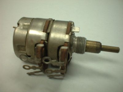 Dual Gang Potentiometer, with Switch, Linear, 1/4 inch contols front, 1/8 inch Shaft controls rear and switch 19628 137.6637