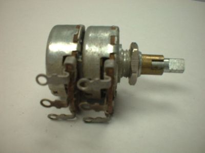 Dual Gang Potentiometer, Audio Taper, 1/4 inch shaft controls front, 3/16 shaft controls rear Centralab1346515 124A10313-30