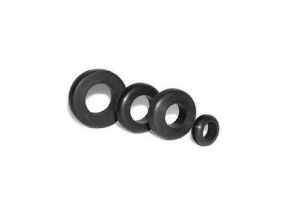 RUBBER GROMMET: (A) O.D. 5/8, (B) I.D. 3/8, (C) HEIGHT 1/4, (D) GROOVE W 1/16, (E) GROOVE DIA 1/2, PACK OF 6