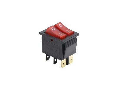 DUAL ROCKER SWITCH, 20A 120VAC , RED LIGHTED ON - OFF, DPST, 1/4 inch QUICK SLIDE TERMINALS, SNAP-IN 22MM X 29MM, KCD8 CQC, C5503, C5503A