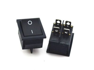 ROCKER SWITCH, 20A 120VAC , BLACK, ON - OFF, DPST, 1/4 inch QUICK SLIDE TERMINALS, SNAP-IN 22MM X 29MM, KCD4, CQC