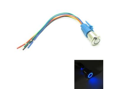 PUSH ON PUSH OFF BUTTON SWITCH, Blue LED Ring Indicator 12-24VDC, 5A , ON - OFF , SPST, SOLDER TERMINALS or PLUGS into WIRING PIGTAIL INCLUDED, 12mm Hole Size.