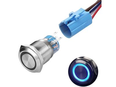 PUSH ON PUSH OFF BUTTON SWITCH, Blue LED Ring Indicator 12-24VDC, 5A , ON - ON or ON - OFF , SPDT, SOLDER TERMINALS or PLUGS into WIRING PIGTAIL INCLUDED, 22mm Hole Size