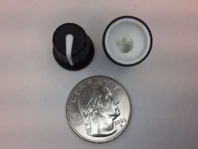 KNOB push on for Single Flat 1/4 Inch shafts, Black Body, White Pointer 15mm Diameter at Base Bin 29
