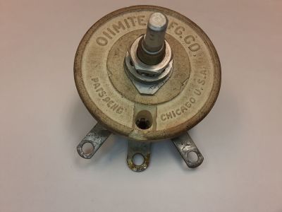 SURPLUS OHMITE Rheostat 2 Ohm. Power: 50 watt. 5 Amp. Model J. Mount: panel, bushing. Dimensions: 2.325 inch D x 1.125 inch behind panel. Bushing: 3/8 inch D x 0.535 inch long. Shaft: 1/4 inch D x 0.50 inch long. Contacts: solder terminals.