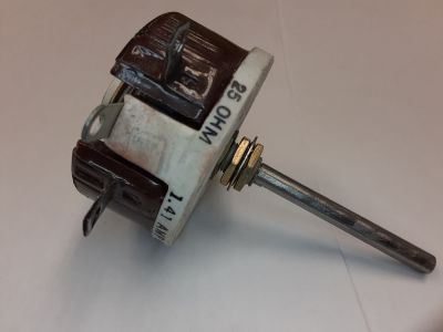 TRU-OHM Rheostat RP151FK250KK 25 Ohm. Power: 50 watt. 1.41 Amp. 300V Shaft: 1/4 inch D x 2 inch long. Contacts: solder terminals.