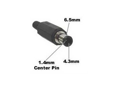 4.35mm x6.5mm with 1.4mm Center pin DC POWER PLUG. EIAJV EIAJ5 Class, Mates with 266B, 365B, 214B Jacks.