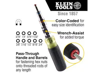 Klein 9 In 1 Nut Driver, Cushion-Grip, Hollow Shaft for Pass Through.