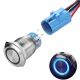 PUSH ON PUSH OFF BUTTON SWITCH, Blue LED Ring Indicator 12-24VDC, 5A , ON - ON or ON - OFF , SPDT, SOLDER TERMINALS or PLUGS into WIRING PIGTAIL INCLUDED, 22mm Hole Size